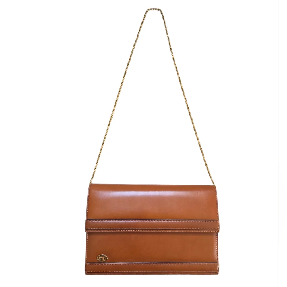 Vintage Gucci Cognac Leather Chain Shoulder Bag Envelope Clutch Purse - Picture 3 of 17